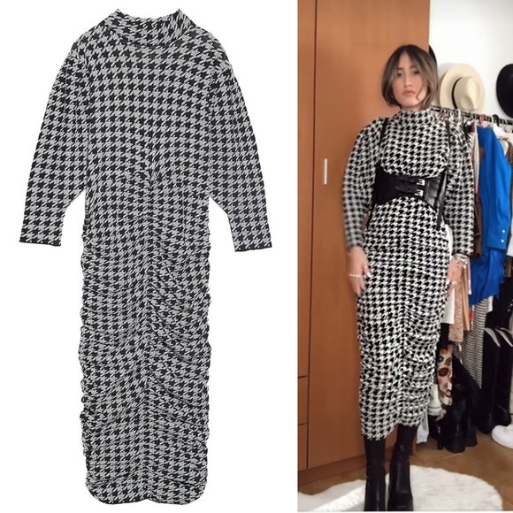ZARA Black & White Houndstooth Jacquard Draped Wiggle Knit Midi Dress NWT Size S - Picture 10 of 12